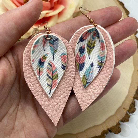 Pastel Feather Faux Leather Drop Earrings - Picture 2 of 2